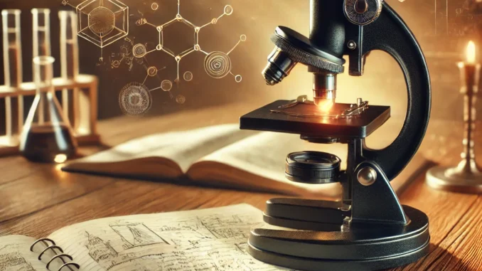 DALL·E 2025-01-27 23.47.08 - A realistic depiction of a classic black microscope placed on a wooden desk, accompanied by an open notebook with handwritten scientific notes and ske